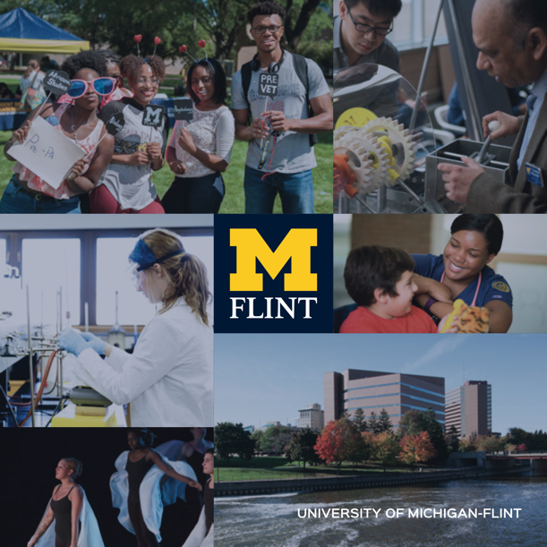 Image from a viewbook for the University of Michigan-Flint showing photos of the Flint campus and students on campus.