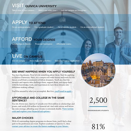 An image of a university admissions microsite showing students walking down a hallway with choices to visit, apply, afford, and live displayed on top.