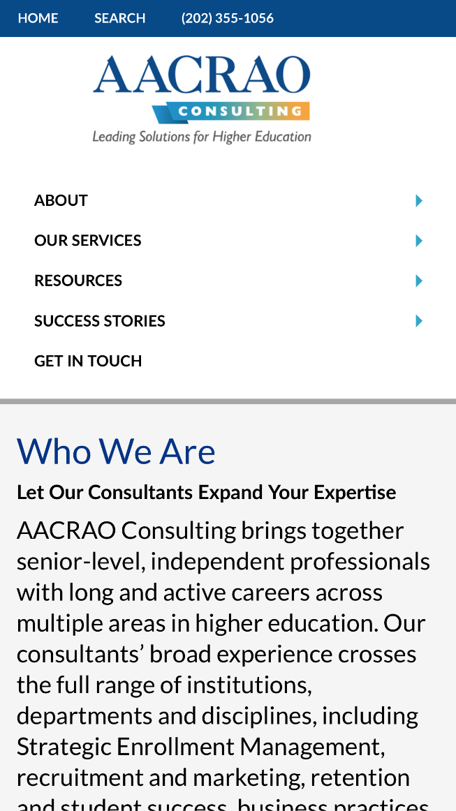 AACRAO Who We Are page in mobile format