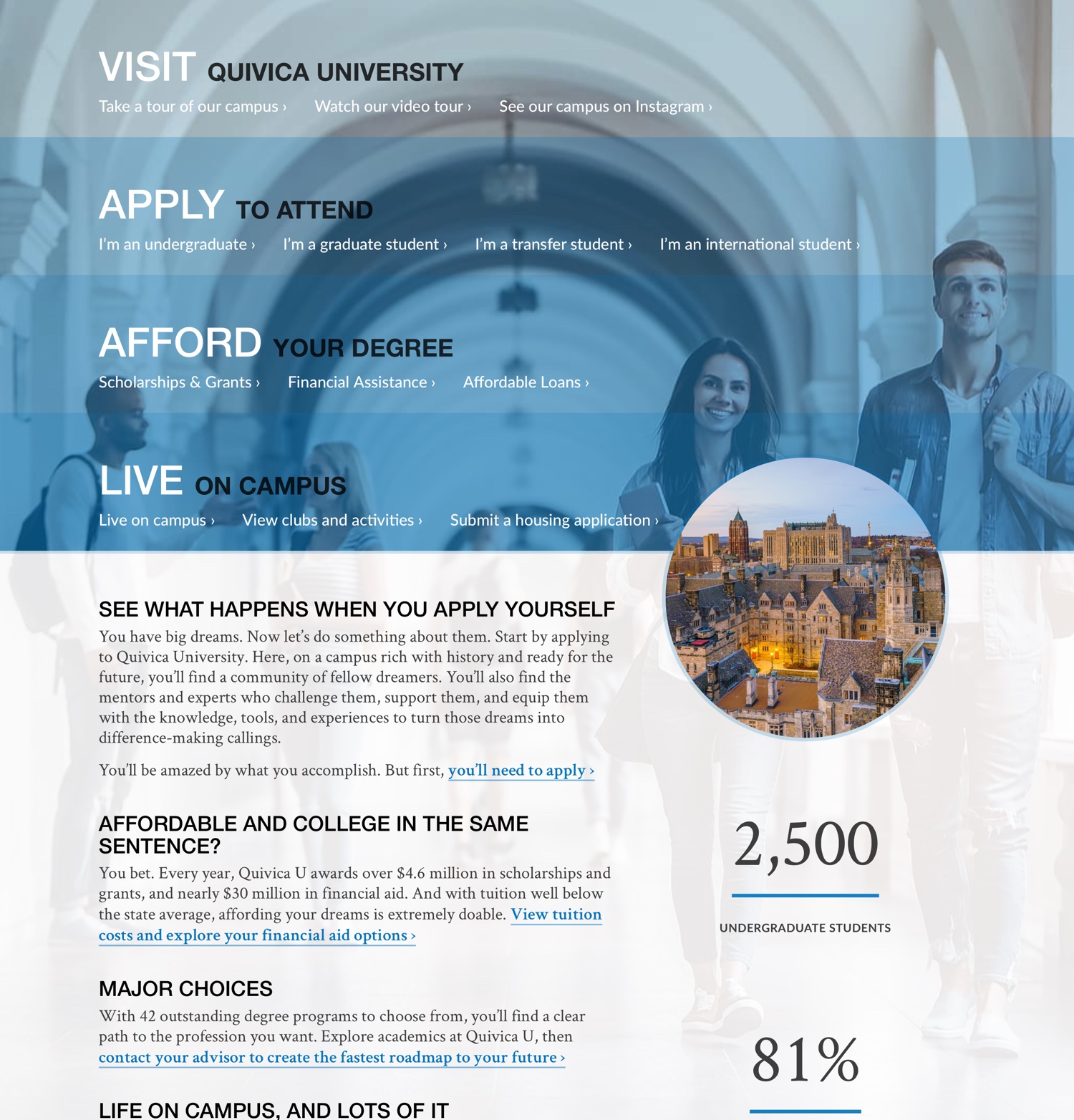 An image of a university admissions microsite showing students walking down a hallway with choices to visit, apply, afford, and live displayed on top.